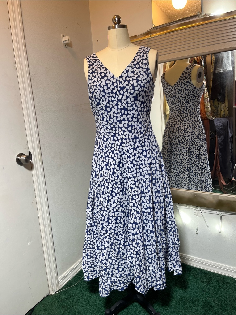 Carole Little Blue White Geometric Cotton Midi Dress A-Line Size 8